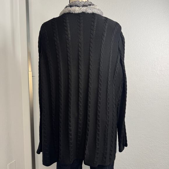 Ming Wang Black Faux Fur Cable Knit Cardigan Sweater Size 0X Glam Quiet Luxury - Picture 6 of 12